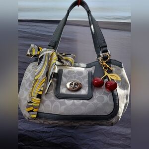 Stylish Gray Coach Women's Bag with Cherry And a Beautiful Scarf.
